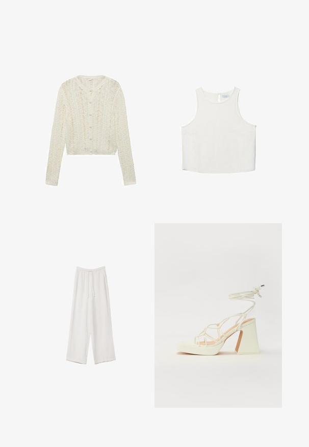 Bijela pletena jakna s dugim rukavima, okruglim izrezom i kopčanjem na dugmad, s teksturiranim uzorkom i skraćenim dizajnom.; Bijela bezrukavna majica s okruglim izrezom, koja ima suptilnu teksturu, detalj u obliku ključa na leđima i ravni rub.; Bijele hlače širokih nogavica napravljene od lagane tkanine. Imaju elastičan pojas s ušicom i bočne džepove. Glatka tekstura.; Bijela sandala na visokoj potpetici s debelim petom, s remenom i vezanjem oko gležnja. Glatka tekstura s platformom sprijeda za dodatnu visinu.