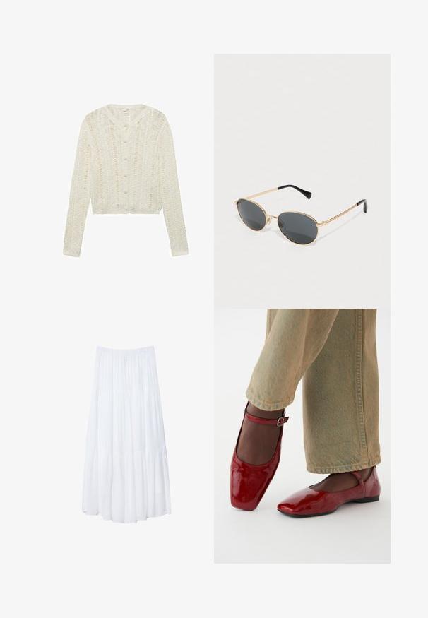 Cardigan en tricot blanc à manches longues, avec un col rond et une fermeture à boutons, présentant un motif texturé et une coupe courte.; Haut marron à manches longues avec un décolleté en scoop, arborant de grands pois blancs et un détail froncé à la taille pour un look ajusté.; Jupe maxi blanche à plusieurs niveaux, fabriquée en tissu léger. Elle présente une taille élastique et un design fluide avec une texture douce et subtile.; Chaussures en cuir verni rouge avec un bout carré, un petit talon et une sangle de cheville, associées à un jean large vert clair. Texture lisse, surface réfléchissante.; Lunettes de soleil ovales avec des verres sombres, une monture en métal doré et des côtés en or tressé. Les embouts noirs sur les branches renforcent le design.; Sac à tote en cuir tressé marron avec deux poignées, une forme structurée et une surface texturée, présentant un motif en losanges sur toute sa surface.