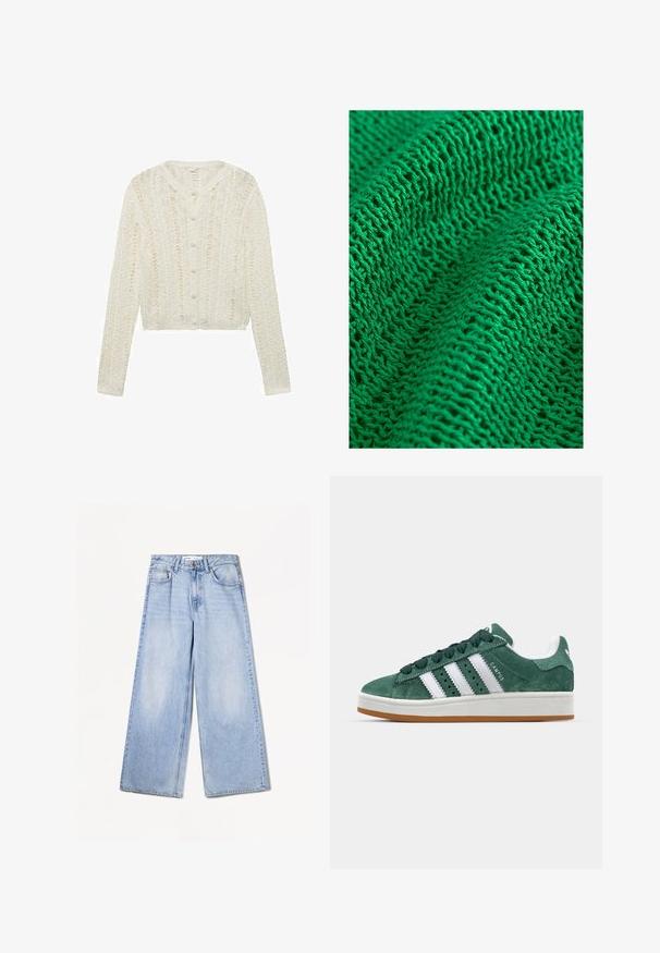 White knitted cardigan with long sleeves, a rounded neckline, and button closure, featuring a textured pattern and cropped design.; Green knitted textile featuring a textured pattern with a loose and open weave, showcasing fine yarns and multiple visible stitches.; Bershka WIDE-LEG - Wide Leg - light-blue denim; Green suede sneaker with white leather stripes, rubber sole, padded collar, and minimalistic design. Features branding on the side.