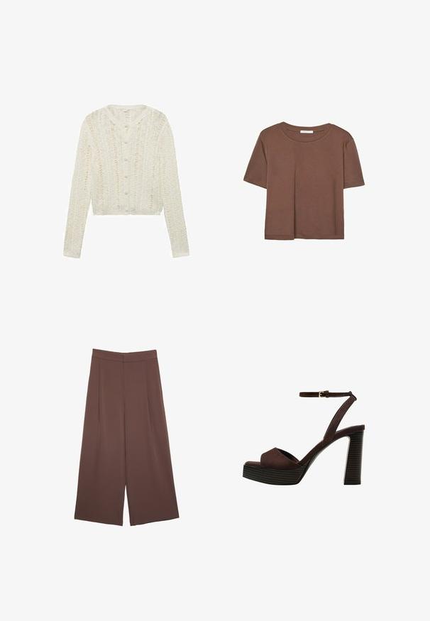 Valkoinen neulotusta langasta valmistettu kardigan, jossa on pitkät hihat, pyöreä pääntie ja nappikiinnitys. Kardigaanissa on teksturoitu kuvio ja lyhyt malli.; Kahvinsävyinen lyhythihainen t-paita, joka on valmistettu pehmeästä kankaasta. Pyöreä pääntie ja rento malli. Ei näkyviä kuvioita tai koristeita.; Ruskeat leveälahkeiset housut, joissa on sileä pinta, korkea vyötärö ja etupleat. Kangas on kevyttä ja laskeutuu väljänä.; Ruske kožne sandale s visokom potpeticom, otvorenim prstima, podesivim kopčanjem oko gležnja i prugastim platformskim đonom.