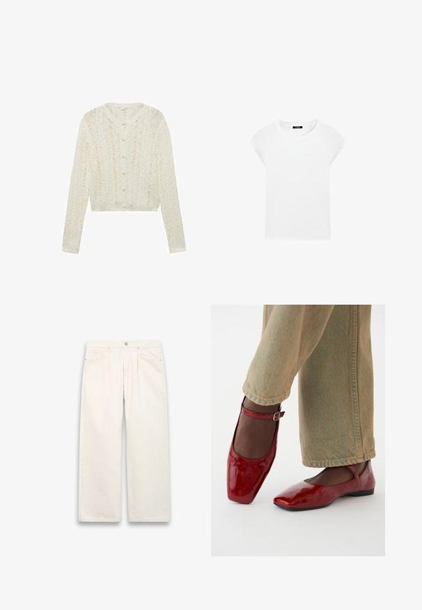 Bílý pletený kardigan s dlouhými rukávy, kulatým výstřihem a zapínáním na knoflík, s texturovaným vzorem a zkráceným střihem.; Bílá krátká tričko s krátkým rukávem vyrobené z měkké bavlny, s kulatým výstřihem a raglánovými rukávy, s uvolněným, rovně střiženým stykem bez vzorů.; Bílé široké džíny vyrobené z denimu, s knoflíkovým zapínáním, pěti kapsami a subtílními stehmi. Čistý, minimalistický design.; Červené lakované kožené boty se čtveratým špičkou, nízkým podpatkem a páskem kolem kotníku, které jsou zkombinovány s širokými světle zelenými džíny. Hladký povrch, reflexní vzhled.