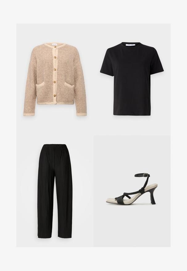 Malina CARLY - Cardigan - beige; Tricou negru cu manșon scurt, fabricat din bumbac moale, având un guler rotund, o croială lejeră și o textură netedă. Fără modele sau grafice vizibile.; Pantaloni negri cu pliuri largi și talie elastică. Materialul are pliuri verticale și o textură netedă.; Sandal cu toc negru, cu design de curea împletită, vârf pătrat și curea de gleznă ajustabilă. Tălpică de un bej deschis și toc negru lucios.