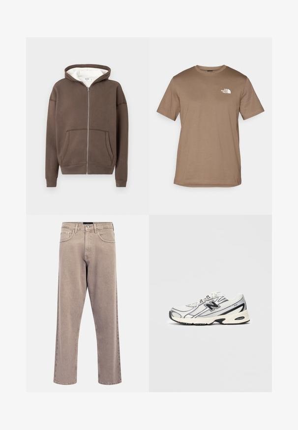 Brown zip-up hoodie with a grey interior, large front pockets, and ribbed cuffs. Made from soft fabric with a relaxed fit and simple stitching.; Brown short-sleeve T-shirt made of cotton with a ribbed crew neck. Features a small white logo on the left chest area.; Light beige straight-leg jeans with a slightly faded texture, five-pocket design, and metal button closure. Prominent stitching details.; White and gray athletic sneaker with black "N" logo, mesh upper, cushioned sole, and lace-up design, shown on plain light gray background.