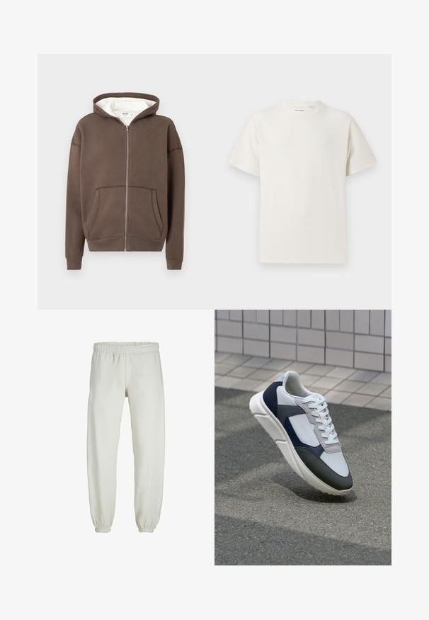 Felpa marrone con zip e interno grigio, ampie tasche frontali e polsini a costine. Realizzata in tessuto morbido con una vestibilità comoda e cuciture semplici.; T-shirt bianca a maniche corte in texture a coste. Girocollo, vestibilità rilassata, senza modelli o accenti visibili. Design semplice e versatile.; Pantaloni tuta bianchi realizzati in tessuto morbido, dotati di vita e polsini elastici, con una texture liscia e una vestibilità ampia.; Sneaker bianca, blu navy e grigia con un design a materiali misti, caratterizzata da una tomaia testurizzata, lacci piatti e una suola imbottita.