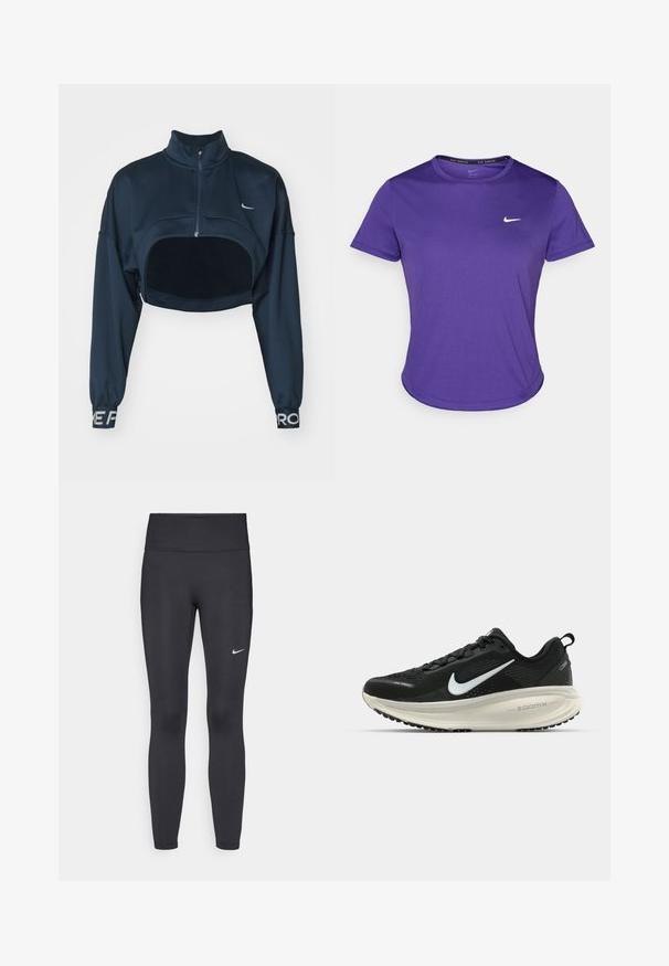 Navy blue cropped jacket with a high collar and zip closure. Features a black, soft front panel and elastic cuffs with a white logo.; Purple athletic t-shirt made from moisture-wicking fabric, featuring short sleeves and a crew neck. Small white logo on the chest.; Black leggings made of stretchy fabric, featuring a high waistband and a white Nike logo on the left thigh. Smooth texture, form-fitting design.; Black Nike running shoe with breathable mesh upper, white swoosh logo, textured detailing, and a cream-colored ZoomX midsole.