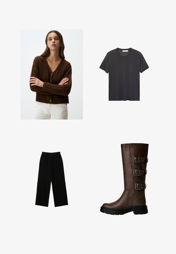 Cardigan en tricot marron avec un col en V, des poignets côtelés et une fermeture à boutons. Présente un motif texturé et un design court.; T-shirt noir à col ras du cou en coton doux. Manches courtes, coupe décontractée et ourlet droit sans embellissements ni motifs.; Un pantalon large noir fabriqué dans un matériau lisse, avec une taille haute, des plis à l'avant et une fermeture par un bouton en haut.; Botte en cuir marron jusqu'au genou avec trois boucles métalliques, surface texturée, bout rond et semelle épaisse pour la stabilité.