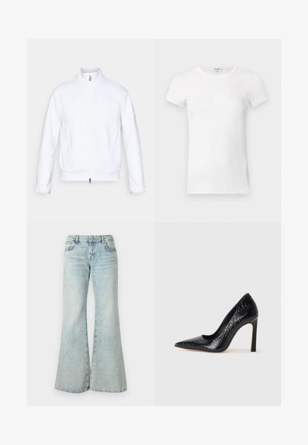 White zip-up jacket with a high collar, textured fabric, flat seams, and a small logo on the left sleeve. Features side pockets.; White ribbed short-sleeve T-shirt with a crew neck. The fabric appears smooth with a fitted silhouette. Branding label visible at the collar.; Light blue flared jeans made from denim, featuring a high waist, pockets, and frayed hems. The fabric displays a faded wash and subtle texture.; Black pointed-toe high heel shoe with a crocodile-skin texture, featuring a sleek design, high stiletto heel, and smooth black interior.
