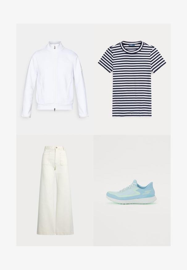 Balta zip-up striukė su aukštu apykakle, tekstūruota medžiaga, lygiomis siūlėmis ir mažu logotipu ant kairiojo rankovės. Papildomai turi šonines kišenes.; Dryžuota marškinėliai tamsiai mėlynos ir baltos spalvos, trumpomis rankovėmis, apvalia kaklo iškirpte, medvilnės medžiaga, turi tolygiai išdėstytus horizontalius dryžius.; Plati kojinės džinsai of white denimo. Aukštas liemuo, su mygtuko uždarymu, dviem priekinėmis kišenėmis ir kontrastingai siuvinėjimu.; Šviesiai mėlynas sportinis batelis su tinklelio viršumi, suapvalinta nosimi, paminkštintu padu ir atspindinčiais akcentais. Apima raištelius ir palaikantį kulną.