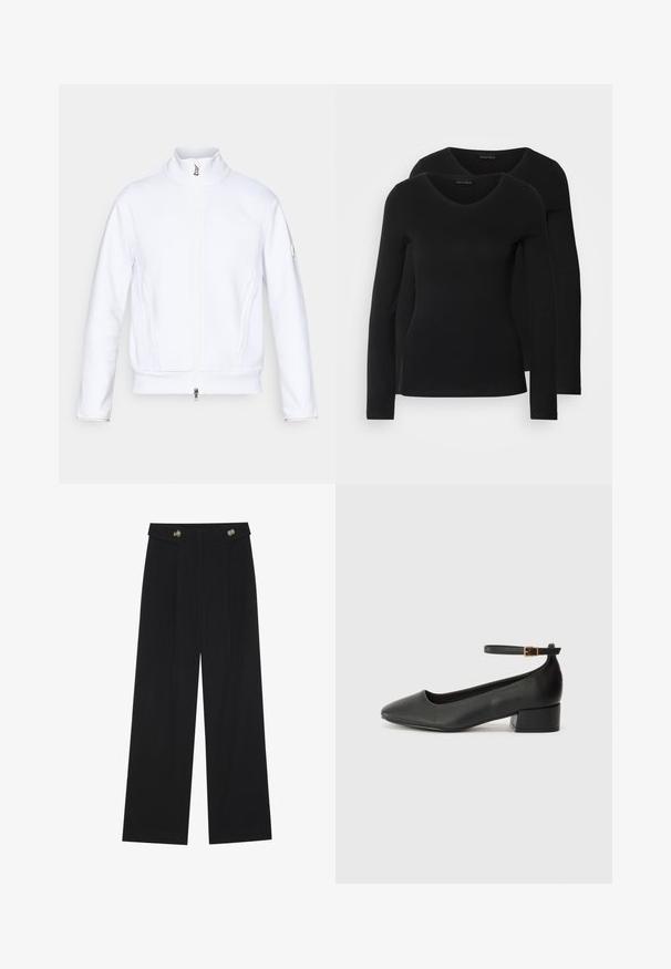 Witte ritsjack met hoge kraag, gestructureerde stof, platte naden en een klein logo op de linker mouw. Bevat zijzakken.; Twee zwarte longsleeve shirts met een V-hals ontwerp, gemaakt van zachte, rekbare stof, die een gladde textuur en een getailleerde vorm laten zien.; Zwarte wijde broek met hoge taille, knoopdetails op de tailleband en plooien aan de voorkant.; Zwarte leren pump met een spitse neus en een lage blokhak. Beschikt over een enkelband met een goudkleurige gespsluiting. Gladde textuur.