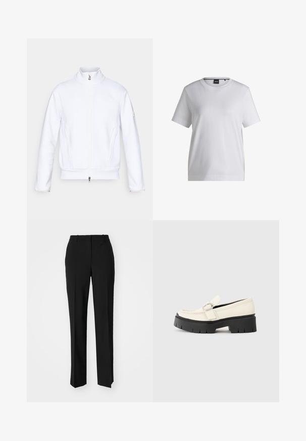 Valge tõmblukuga jakki kõrge kaelusega, tekstuuriga kangast, lamedate õmblustega ja väikese logoga vasakul varrukal. Omab küljetaskuid.; Valge puuvillane T-särk ümmarguse kaelusega, lühikeste varrukatega ja vabalt langeva lõikega. Omab väikest brändi sildikest krae lähedal.; Mustad ja sirged püksid, millel on sile tekstuur ja teravad voldid esiosas. Ilma nähtavate detailideta.; Valge nahast loafer, millel on massiivne must platvormi tald, neljakandiline hõbedane pandla ja nähtavalt õmblusdetail ülaserval.
