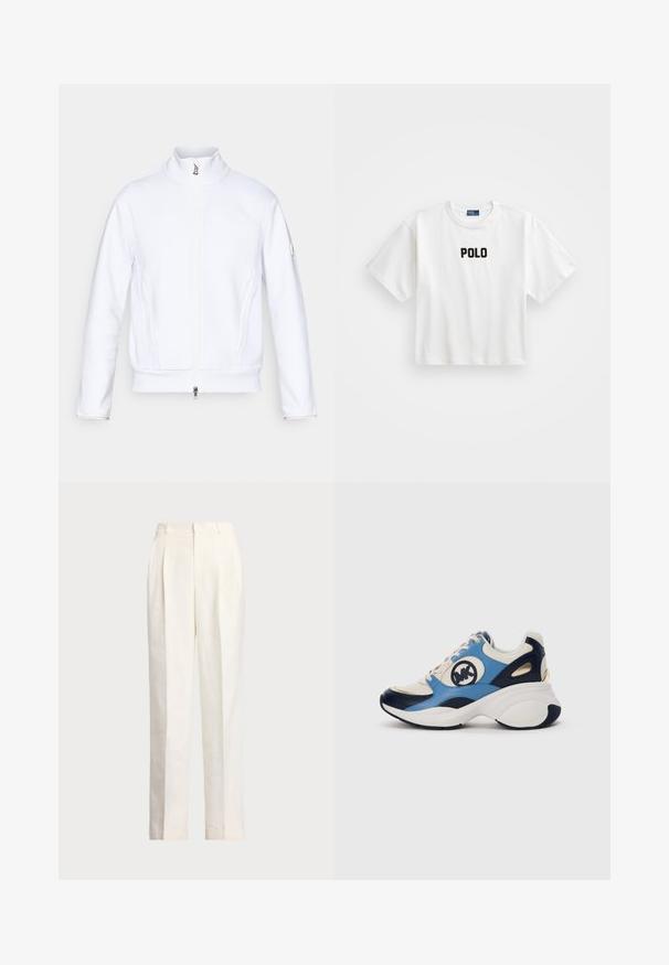 White zip-up jacket with a high collar, textured fabric, flat seams, and a small logo on the left sleeve. Features side pockets.; White cotton t-shirt with short sleeves, featuring a black embroidered "POLO" logo on the front. Simple, boxy design.; Polo Ralph Lauren HEMP WIDE LEG PANT - Trousers - nevis; White, navy, and light blue suede sneaker with chunky sole and circular embroidered logo on the side.