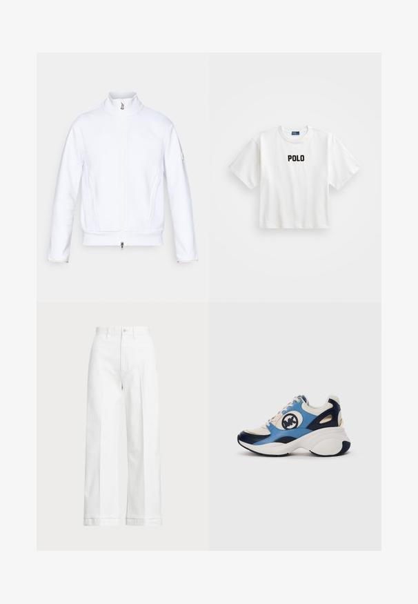 White zip-up jacket with a high collar, textured fabric, flat seams, and a small logo on the left sleeve. Features side pockets.; White cotton t-shirt with short sleeves, featuring a black embroidered "POLO" logo on the front. Simple, boxy design.; White wide-leg trousers with a high waist, featuring a button closure and subtle stitching details. Made from cotton with a smooth texture.; White, navy, and light blue suede sneaker with chunky sole and circular embroidered logo on the side.