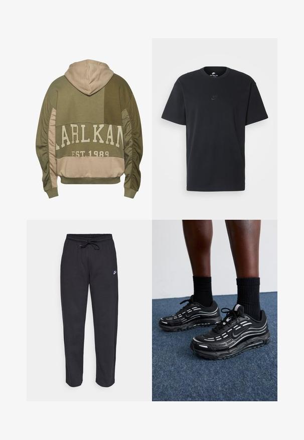Olívazöld és bézs színű kapucnis pulóver, nagy elülső logóval, strukturált ujjakkal és laza szabással, kenguruzsebbel.; Fekete pamut póló Nike márkájú, klasszikus, kerek nyakú, rövid ujjú, és letisztult, dombornyomott logóval a mellkason. Simább textúra.; Fekete, puha anyagból készült melegítőnadrág, rugalmas derékkal, húzózsinórral és egy kis Nike logóval a bal combján.; Fekete Nike cipők hálós felsőrésszel, kiemelő csíkokkal, texturált fűzővel és fekete gumitalppal rendelkeznek. Fekete bordázott zoknikkal viselve.