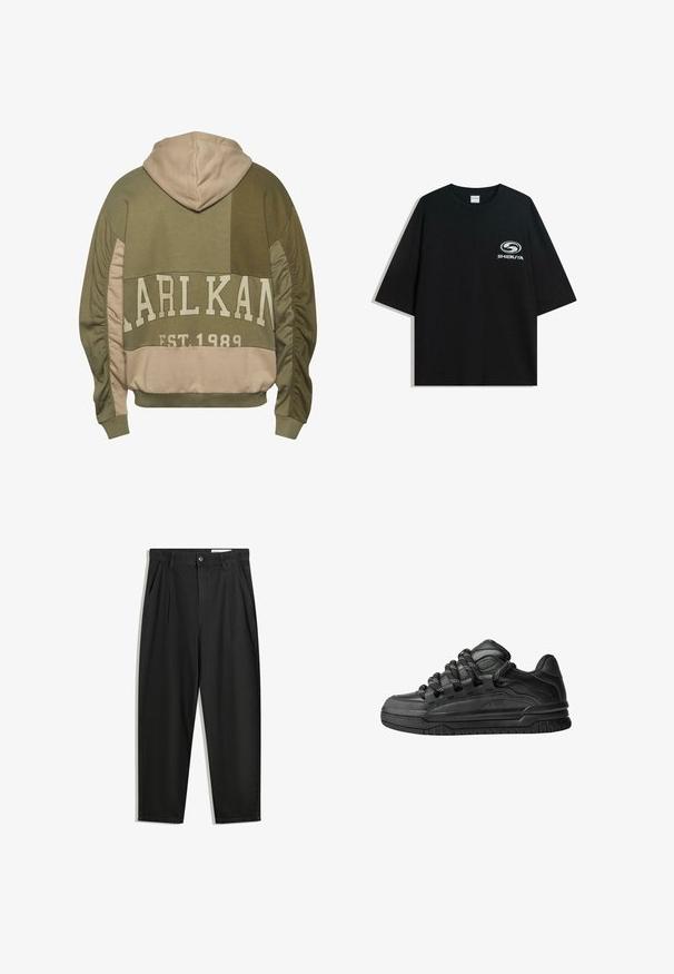 Olívazöld és bézs színű kapucnis pulóver, nagy elülső logóval, strukturált ujjakkal és laza szabással, kenguruzsebbel.; Fekete, oversized pamut póló kerek nyakkal és rövid ujjakkal, az elején fehér "Shibuya" logóval.; Fekete pamut nadrág laza szabással, klasszikus derékrésszel, elülső hajtásokkal és oldalsó zsebekkel. Simább textúra minta nélkül.; Fekete sportcipők sima bőrből készült felső résszel, struktúrált kiegészítőkkel, valamint kerek fekete és fehér fűzőkkel. Vastag gumitalp mintázott bordázattal.