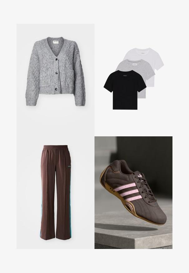 Pilkas megztas kardiganas su V formos iškirpte, pynimo raštu ir dviem priekinėmis kišenėmis. Apima penkias juodas mygtukus ir raštuotas rankoves bei apačią.; Trijų trumpomis rankovėmis marškinėlių rinkinys juodos, pilkos ir baltos spalvos. Pagaminti iš medvilnės, turi apvalų iškirpimą ir paprastą, vientisos spalvos dizainą.; Rudos sportiniai kelniukai su raukšlėtu paviršiumi, elastinga juosta ir turkio spalvos šoninėmis juostelėmis. Priekyje yra adidas logotipas.; Rudos suedinės sportinės bateliai su rožinėmis juostelėmis ir logotipu, turintys tekstūruotą viršutinę dalį, raištelių uždarymą ir guminį padą.