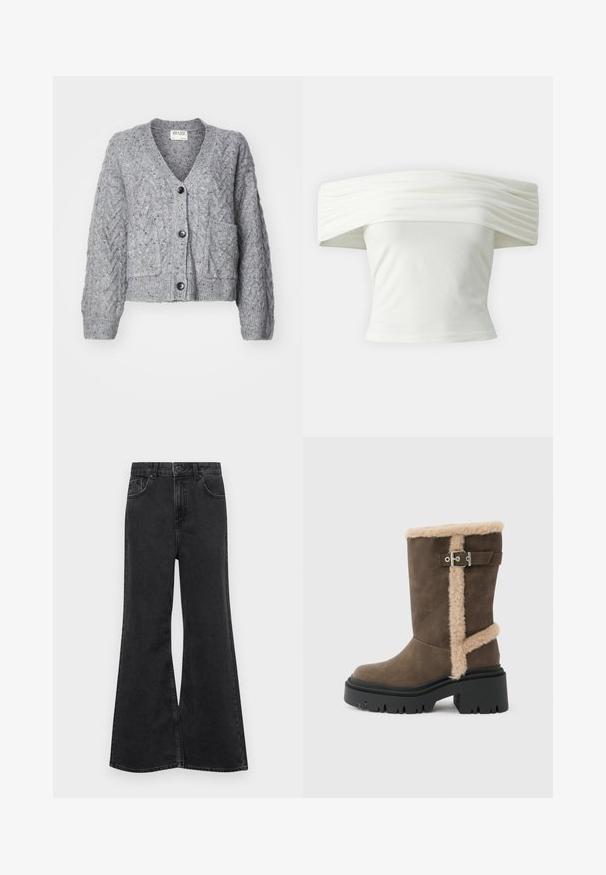 Siv svit zer z z V-izrezom, pletenim vzorcem in dvema sprednjima žepoma. Ima pet črnih gumbov ter rebrastim manšetami in robom.; Bela majica s spuštenimi rameni, z nabranim in strukturiranim izrezom ter tesnim pasom. Narejena iz mehkega blaga z gladko teksturo.; Črne flared jeans hlače z visokim pasom, ki imajo pet žepov, diskretno šivanje in gumb za zapiranje spredaj.; Rjava semiš čevlji do gležnjev z bež krznenim robom, okrašeni s srebrno sponko in robustnim črnim podplatom z debelim profilom.