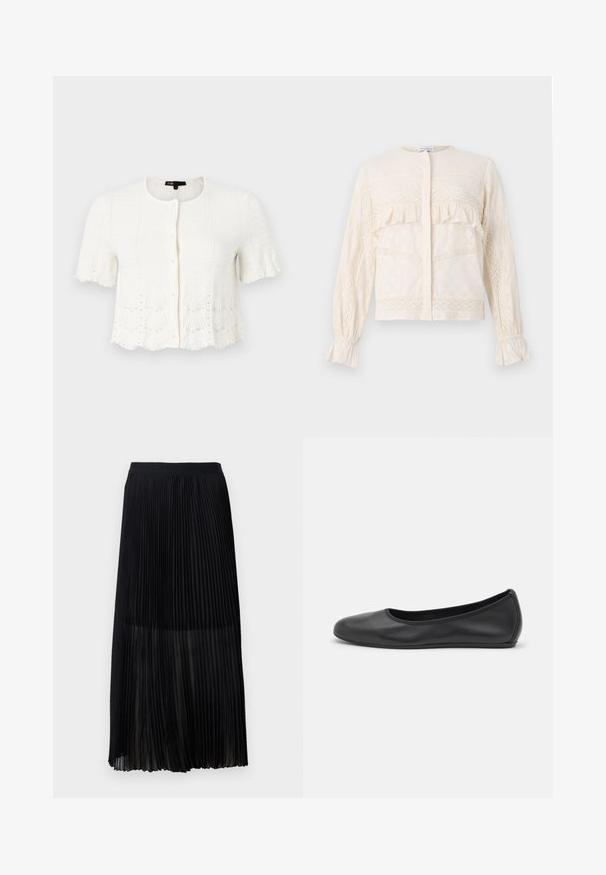 Bílý krátký rukáv cardigan s texturovaným pleteným vzorem, vlnitým lemem a korálkovými akcenty podél spodního okraje a rukávů. Zapínání na knoflíky v přední části.; Blůza v krémové barvě s volánkovými detaily, složitou krajkovou výzdobou, dlouhými rukávy se staženými manžetami a kulatým výstřihem.; Černá plisovaná midi sukně s hladkým elastickým pasem a průhlednou vrstvou, která má jemné vertikální plisování po celé látce.; Černé kožené baletní byty s kulatou špičkou, hladkou texturou, minimálními švy a flexibilním designem podrážky.