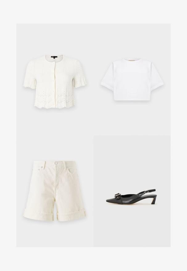 Hvit kortermet cardigan med et teksturert strikkemønster, bølget kant og perlepynt langs den nedre kanten og ermene. Frontlukking med knapper.; Kuttet hvit t-skjorte laget av mykt stoff, med korte ermer, rund hals og ribbestrikket detaljer nederst. Enkel og upradert design.; Lette kremsfargede denimshorts med rett snitt, oppbrettede kanter og klassisk femlommersdesign. Har sølvfarget metalltilbehør.; Svarte skinn slingback-sko med spiss tå, liten hæl og dekorativ spenne-detalj på overdelen. Glatt tekstur, minimalistisk design.