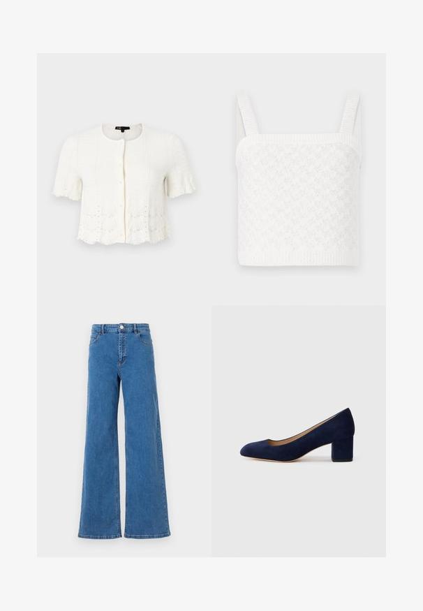 Λευκό κοντομάνικο καρντάν με υφασμένο σχέδιο, κρόσσια στο κάτω μέρος και κοσμήματα κατά μήκος της κάτω άκρης και των μανικιών. Κλείσιμο με κουμπιά μπροστά.; Λευκό πλεκτό κοντό τοπ με τετράγωνη λαιμόκοψη, που διαθέτει υφές και φαρδιές ραβδωτές τιράντες. Μαλακό ύφασμα με διακριτική γυαλάδα.; Πολύ φαρδιά τζιν παντελόνια από μπλε τζιν, με ψηλή μέση, μπροστινές τσέπες και κλείσιμο με κουμπί. Το ύφασμα έχει λεία υφή και κλασικό σχέδιο ραφής.; Ναυτικό μπλε σουέτ γόβες με αιχμηρή μύτη και μεσαίο φαρδύ τακούνι. Λείο υλικό με απαλό γυαλιστερό φινίρισμα και μικρή κοπή εμπρός.