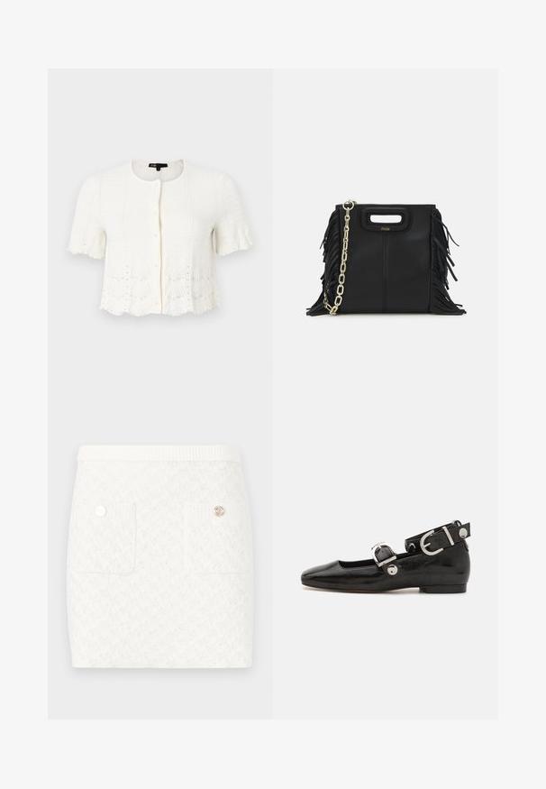 Vitt kortärmad cardigan med ett texturerat stickmönster, scallopkant och pärlprydnader längs den nedre kanten och ärmarna. Främre knappstängning.; Marinblå ribbad polo-shirt med spetsig krage, korta ärmar och två framfickor med knappslut; framhävd med vita sömdekorationer.; Kort vit kjol med ett strukturerat mönster, som har två framfickor och dekorativa knappar i guldton. Elastisk midja för komfort.; Svart lacklädersplattork med fyrkantig tå, ankelrem med silverfärgad detalj och platt sula. Slät yta med minimalistisk design.; Svart läderhandväska med fransdetaljer, guldkedja som axelrem och ett handtag med urtag. Har logotyp placering framtill.