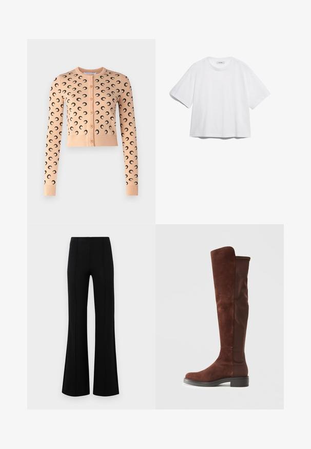Breskvin kardigan s črnim vzorcem polmeseca, krožnim izrezom, dolgimi rokavi in sprednjimi gumbi. Pletena tkanina z rebrastimi manšetami in robom.; Bela bombažna majica s kratkimi rokavi, okroglega izreza, sproščenega kroja, brez vidnih vzorcev ali grafike. Gladka tekstura in preprosta zasnova.; Črne krilate hlače z visokim pasom, izdelane iz raztegljive tkanine. Imajo vertikalne šive na sprednji strani in gladko teksturo.; Visoka rjava z vodoodpornim materialom in tkanino, z nizkim črnim peto in zaobljenim nosom, prikazana v bočnem pogledu na eni barvni beli podlagi.