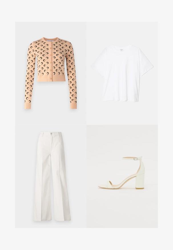 Cardigã pêssego com padrão de lua crescente preta, decote redondo, mangas longas e botões frontais. Tecido tricotado com punhos e barra canelados.; T-shirt de algodão branco com mangas curtas, decote redondo, corte descontraído e bainha cosida. Etiqueta visível no interior do pescoço.; Calças largas brancas feitas de algodão com uma textura suave. Apresenta um botão frontal, fecho de correr e um design de quatro bolsos.; Sandal de bloco em pele branca, apresentando uma correia no tornozelo com fivela e um design minimalista. Com biqueira aberta e texturas suaves ao longo de toda a peça.