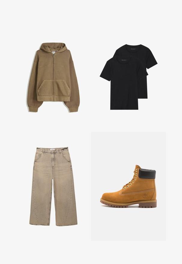 Kapuce s rozepínáním na zip v khaki hnědé barvě, s volným střihem, dvěma předními kapsami a žebrovanými manžetami na koncích rukávů a na spodním lemu.; Dvě černé bavlněné tričko s krátkým rukávem, kulatým výstřihem a hladkou texturou, vystavené naskládané k sobě.; PULL&BEAR MEGA BAGGY - Baggy džíny - light grey; Hnědé semišové kotníkové boty s černým polstrovaným límcem, zlatými kovovými očky, bílým prošíváním a odolnou gumovou podrážkou s výraznými drážkami.
