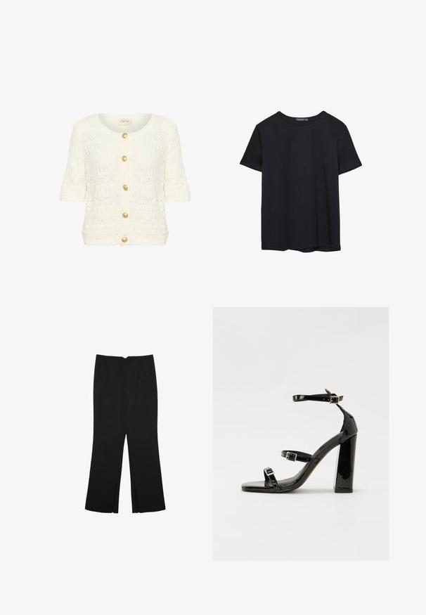 Krämfärgad stickad kofta med korta ärmar, rundad halsringning och fem guldfärgade knappar framtill. Texturerat öppet mönster genom hela plagget.; En enkel svart bomulls T-shirt med kort ärm och rund hals, uppvisad på en vit bakgrund.; Svarta byxor med rak passform, utrustade med framfickor och sidoklyvningar vid fållen. Tillverkade av mjukt, slätt tyg. Lämpliga för olika tillfällen.; Svarta lackerade klacksandaler med fyrkantig tå, ankelremmar och silverfärgade spännen. Har en kraftig blockklack för stabilitet.