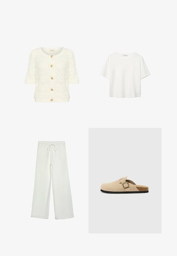 Kremno barvana pletena jopica s kratkimi rokavi, zaobljenim ovratnikom in petimi zlatimi gumbi spredaj. Tekstura odprtega vzorca po celotni jopici.; Bela kratka majica s kratkimi rokavi iz bombaža. Ima okroglo izrezovanje in sproščen kroj. Gladka tekstura brez vidnih vzorcev ali poudarkov.; Bele široke hlače iz mehkega blaga. Imajo elastičen pas s vrvico in gladko teksturo. Brez vidnih vzorcev ali kovinskih delov.; Bež sueded klompe na potplat s koricom, zaobljenim vrhom i jednostavnom trakom s zlatnim kopčom. Gumeni potplat za prianjanje.