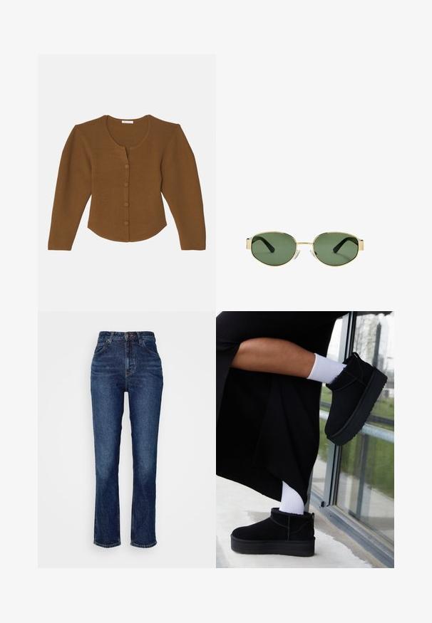 By Malene Birger FRANCINAS - Kofta - shitake; Intimissimi CHRISTMAS - Långärmad tröja - black; Mörkblå jeans av denim med hög midja, rak bendesign, traditionell knapplåsning och dragkedja, samt subtil blekning på tyget.; Svarta mockaankelboots med platt sula, försedda med en dragtabbak, som bärs med vita ankelsockor mot en minimalistisk bakgrund.; Guldmetallramade solglasögon med gröna tonade linser, oval form, svarta skalmar och klara näsaskar. Rent, minimalistiskt design.; Svart läder tote-väska med två förlängda handtag, en strukturerad form, slät textur och minimalistisk design. Inga synliga beslag eller detaljer.