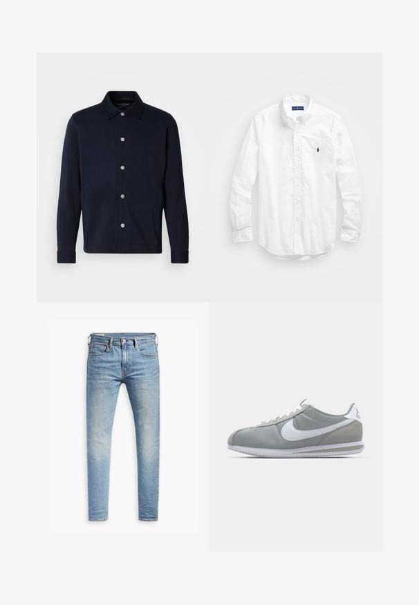 Mornarsko plavi dugi rukav košulja jakna sa srebrnim kopčama duž prednje strane i klasičnom kragnom na jednobojnoj pozadini.; Bijela košulja dugih rukava s gumbima izrađena od pamuka. Ima klasični ovratnik, gumbaste manžete i mali brodasti logo u tamnoplavoj boji na prsima.; Svijetloplave uske traperice s laganim izblijedjenjem na bedrima, prednje kopčanje na dugme, petlje za remen i pet džepova na bijeloj pozadini.; Sive sportske tenisice s gornjim dijelom od antilopa i tekstila, bijelim Nike swooshom i bijelim vezicama. Imaju teksturirani gumeni đon i podstavljeni ovratnik.