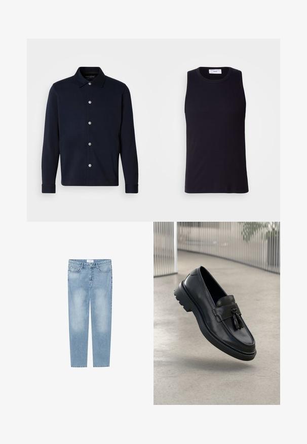 Mørkeblå langærmet skjortejakke med sølvfarvede trykknapper foran og en klassisk krave på en ensfarvet baggrund.; Sort ærmeløs tanktop lavet af ribbet stof, med en rund halsudskæring og en lige kant. Glat tekstur med minimal detaljering.; Lysblå jeans med lige ben lavet af denim. Har et fem-lomme design, slidte områder og et mærke ved taljen. Ingen pynt.; Sorte læderloafer med glat finish, dekorativ kvast, tyk gummisål og syede detaljer. Let og elegant design.