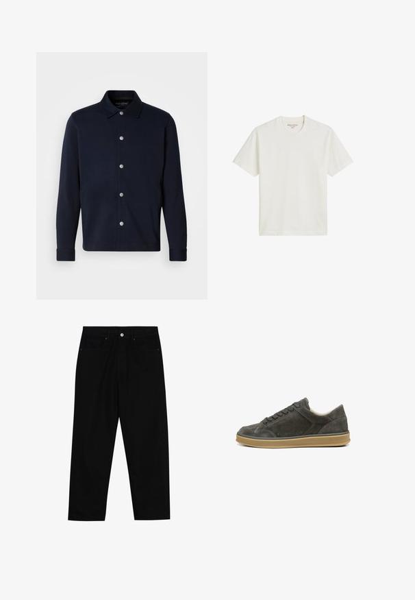 Marineblauwe langemouwen overhemdjacket met zilveren drukknoopjes aan de voorkant en een klassieke kraag op een effen achtergrond.; Katoenen t-shirt in gebroken wit, met een ronde hals ontwerpe met korte mouwen, uitgerust met een rechte zoom en minimale branding op het label.; Zwarte denim broek met een recht gesneden pasvorm, vijf gebruikersvriendelijke zakken en een sluiting met een knoop aan de voorkant. Soepele textuur met minimale stikdetails.; Donkergrijze suède sneaker met ronde neus, veters aan de voorkant en een contrasterende lichtbruine rubberen zool. Heeft minimale naden en een gladde textuur.