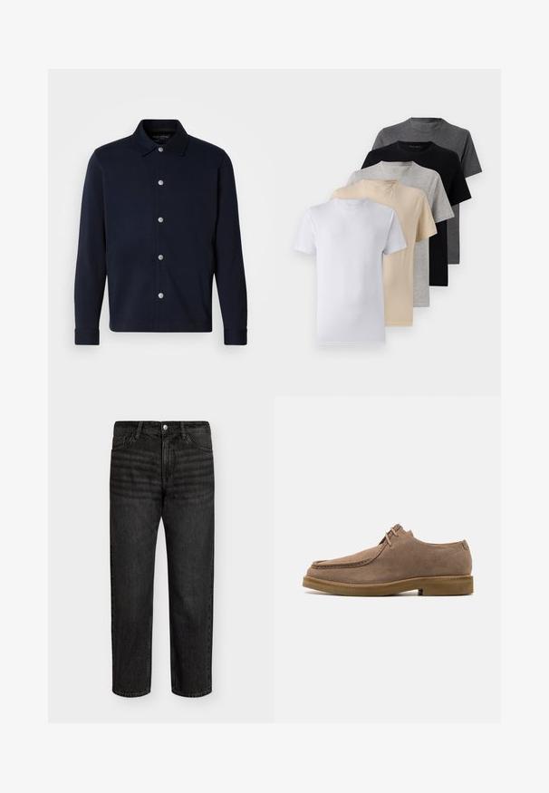 Temno modra srajčna jakna z dolgimi rokavi in srebrnimi pritiski spredaj ter klasičnim ovratnikom na enobarvni podlagi.; Komplet petih kratkih majic s kratkimi rokavi v beli, bež, svetlo sivi, temno sivi in črni barvi. Narejene so iz gladkega bombaža in imajo krojen ovratnik.; Črne denim hlače s ravnim krojem, srednjega pasu, z petimi žepi in kovinskim gumbom za zapiranje. Gladka tekstura z rahlim zbledelostjo.; Zign LEATHER - Neformalni čevlji z vezalkami - taupe