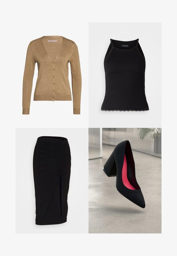 Brun cardigan laget av myk stoff, med V-hals, lange ermer og seks frontknapper. Enkel design med ribbede mansjetter og nederkant.; Svart ribbet tanktopp med scallop lace detaljer i kanten. Har tynne stropper og en kroppsnær design. Laget av elastisk stoff.; Svart, rynket blyantskjørt med knyting og sidelits. Laget av et elastisk stoff, med en glatt tekstur og en kroppsnær passform.; Svart høye hæler med spiss tå, teksturert overflate og en livlig rosa innside. Har en kraftig hæl med sølvdetaljer.