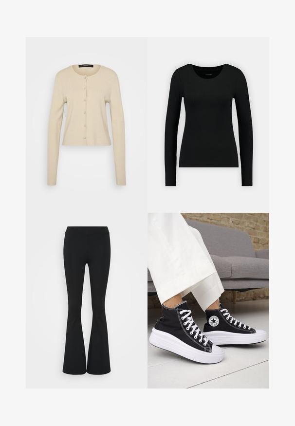 Svetlo béžový cardigan s ribkovanou textúrou, okrúhlym výstrihom a gombíkovým zapínaním s perleťovými gombíkmi, dlhými rukávmi a priliehavým strihom.; Čierna dlhá rukávová košela vyrobená z rebrovanej tkaniny. Má okrúhly výstrih a priliehavý strih. Jednoduchý dizajn bez vzorov alebo akcentov.; Čierne rozšírené nohavice vyrobené z elastického materiálu, s vysokým pásom a hladkou textúrou. Nohavice sa rozširujú od kolena.; Čierne vysoké tenisky s bielymi gumovými podrážkami a šnúrkami. Obsahujú okrúhlu nášivku s logom a kontrastné biele prešívanie. Materiál je plátený.