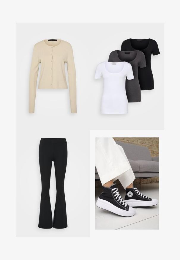 Ανοιχτό μπεζ κάρντιγκ με ριγέ υφή, στρογγυλή λαιμόκοψη και κλείσιμο με κουμπιά που μοιάζουν με μαργαρίτες, μακριά μανίκια και εφαρμοστή σχεδίαση.; Τρία εφαρμοστά T-shirts σε λευκό, γκρι και μαύρο. Το καθένα διαθέτει φαρδιά στρογγυλή λαιμόκοψη και κοντά μανίκια. Κατασκευασμένα από μαλακό, ελαστικό ύφασμα.; Μαύρο φαρδύ παντελόνι από ελαστικό ύφασμα, με ψηλή μέση και λεία υφή. Το παντελόνι ανοίγει από το γόνατο.; Μαύρα καμβά sneakers με ψηλή φτέρνα, με λευκές καουτσούκ σόλες και κορδόνια. Διαθέτουν κυκλικό λογότυπο στο πλάι και εντυπωσιακή λευκή ραφή.
