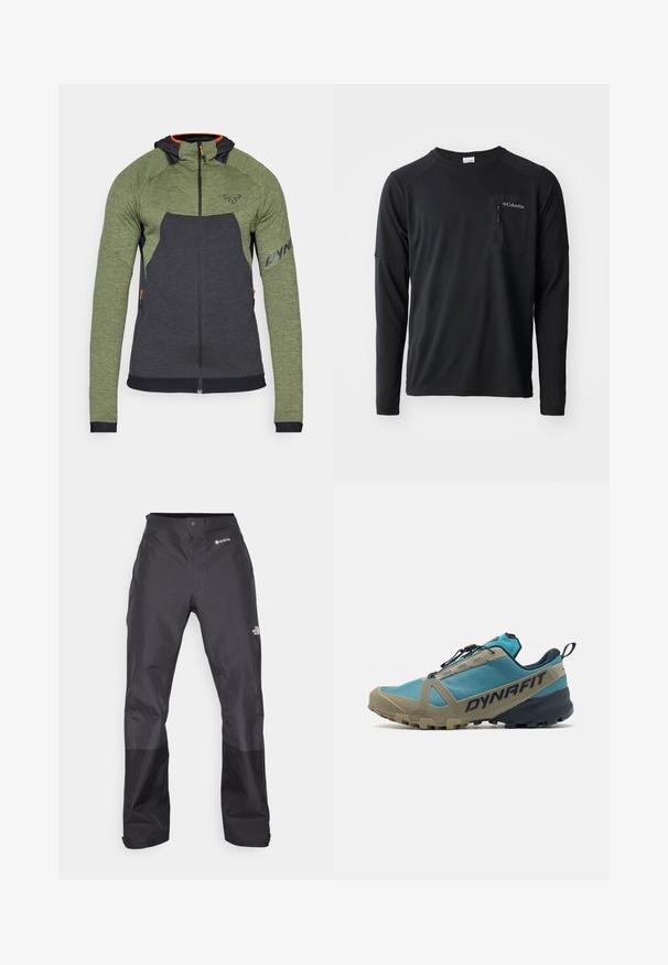 Dynafit TOUR THERMAL HOODY - Mikina na zip - thyme; Columbia COLUMBIA TECH™ LONG SLEEVE CREW - Top s dlouhým rukávem - black; Černé voděodolné kalhoty s hladkou texturou, na přední straně s logem GORE-TEX a s zesílenými dolními nohavicemi pro větší odolnost.; Běžecká obuv do terénu s modro-béžovým síťovinovým svrškem, šněrováním pomocí smyček a drsnou gumovou podešví pro lepší přilnavost. Obsahuje značku "DYNAFIT".