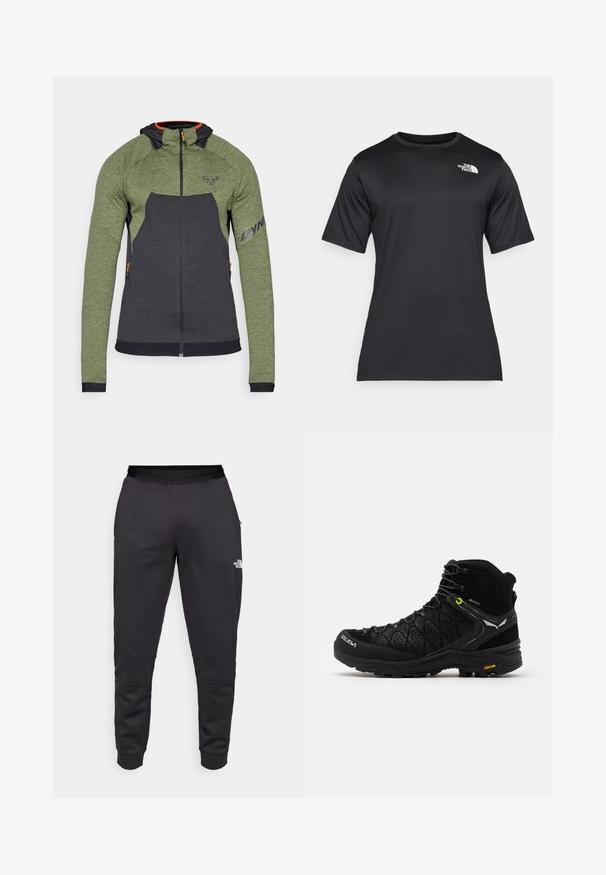 Dynafit TOUR THERMAL HOODY - Mikina so zipsom - thyme; Čierne tričko s krátkym rukávom vyrobené z ľahkej, vlhkosť odvádzajúcej tkaniny. Má biele logo na ľavej strane hrudníka a okrúhly výstrih.; Čierne tepláky vyrobené z hladkej látky, s priliehavým strihom, elastickým pásom a detailom loga na pravej nohe.; Čierna turistická obuv s textúrovaným zvrškom, vystuženou špičkou a Vibram podrážkou. Systém šnurovania obsahuje háčiky pre bezpečné upevnenie.