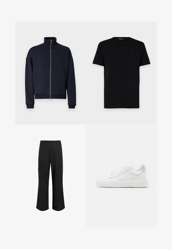 Marineblaue Zip-Hoodie mit hohem Kragen, gerippten Bündchen und Saum, ausgestattet mit einem eleganten, minimalistischen Design und weichem Material.; Schwarzes kurzärmliges T-Shirt aus Baumwolle mit Rundhalsausschnitt und einem dezent geprägten Logo auf der linken Brust. Glatte Textur.; Schwarze Cargo-Hose aus leichtem Stoff, mit entspannter Passform, zwei großen Seitentaschen und Knopfverschluss.; Weiße Leder-Sneaker mit glatter Oberfläche, rundem Zehenbereich, flachen Schnürsenkeln und strukturiertem Schuhsohlen. Graues Wildleder-Detail an der Ferse.
