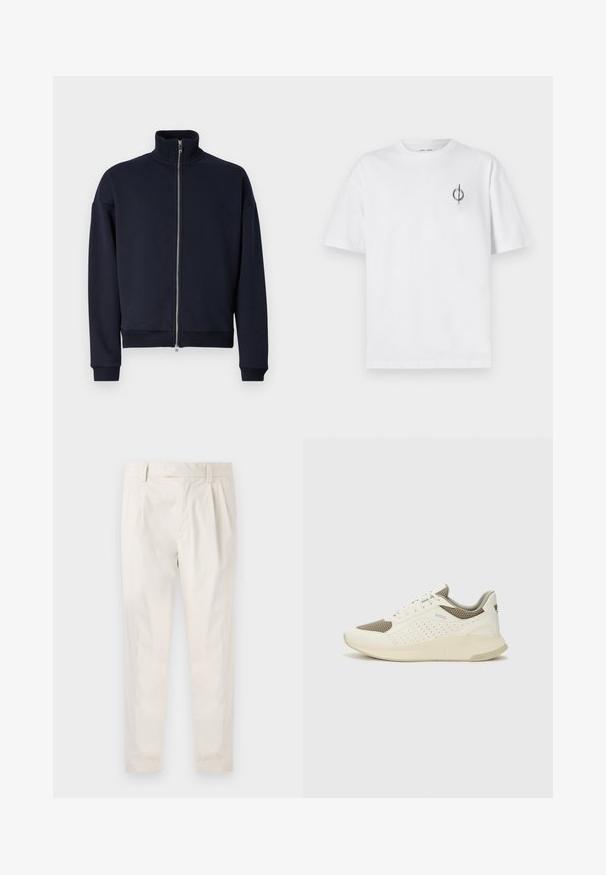 Sweatshirt zippé marine avec un col haut, des poignets et un ourlet côtelés, présentant un design élégant et minimaliste ainsi qu'une texture douce.; T-shirt en coton blanc avec une coupe décontractée, présentant un petit logo graphique noir sur le côté gauche de la poitrine. Manches courtes, col rond.; Pantalons blancs plissés avec une coupe ajustée, dotés d'une texture lisse, de passants de ceinture et de jambes fuselées. Pas de poches visibles ni de motifs.; Basket de sport blanche et beige clair, avec une tige en maille, des détails perforés et une semelle intermédiaire texturée avec un logo sur le talon.