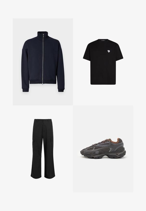 Sudadera navy de cremallera con cuello alto, puños y dobladillo de canalé, que presenta un diseño elegante y minimalista con una textura suave.; Camiseta de algodón negra con mangas cortas, escote redondo y un pequeño gráfico de un corazón blanco en la parte izquierda del pecho.; Pantalones cargo negros hechos de una tela ligera, con un corte relajado, dos grandes bolsillos laterales y cierre de botón.; Zapatillas Lacoste en gris oscuro con material de malla y sintético, que cuentan con una suela texturizada y detalles en marrón en el cuello y la marca.