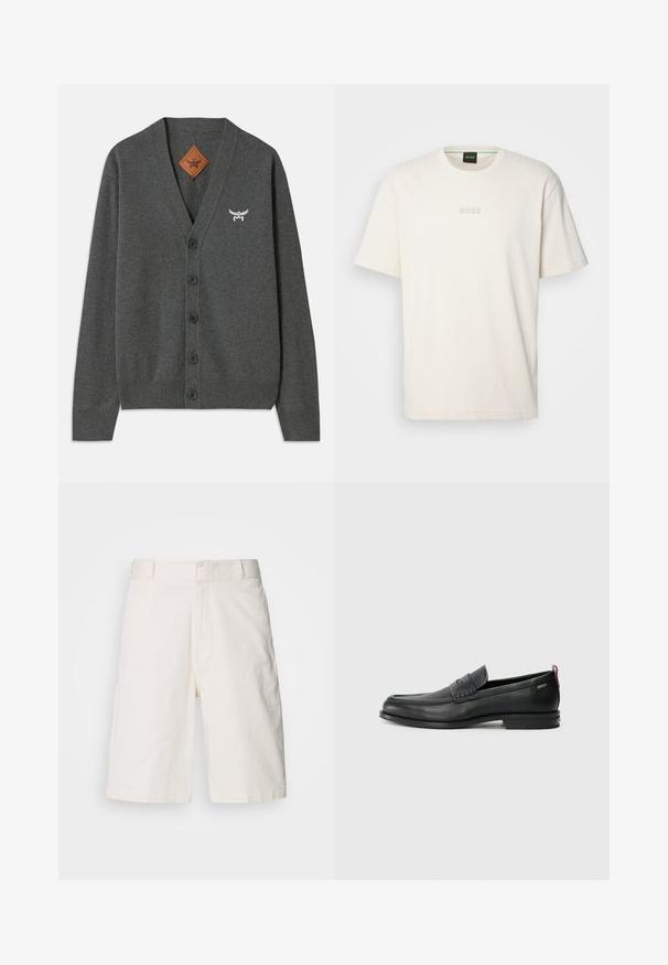 Sivi kardigan od mekog materijala, s V-izrezom, pet dugmadi sprijeda, rebrastim manžetama i rubom, te izvezenim logom na prsima.; BOSS TEE - Osnovna majica kratkih rukava - open white; Bijele pamučne šorceve s opuštenim krojem, koji imaju dva prednja džepa, zatvarač i glatku teksturu. Čist, jednostavan dizajn bez uzoraka.; Crne kožne loafere s teksturiranim prednjim panelom i glatkim stranama. Imaju uski petu i stražnju petlju za lakše obuvanje. Klasičan dizajn.