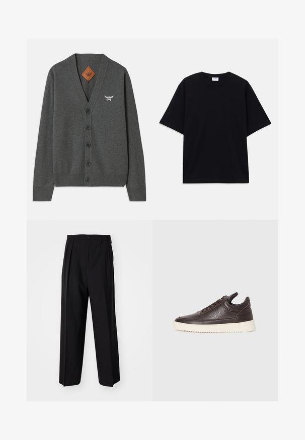 Grauer Cardigan aus weichem Stoff, mit V-Ausschnitt, fünf vorderen Knöpfen, gerippten Bündchen und Saum sowie einem gestickten Logo auf der Brust.; Schwarzes, oversized T-Shirt mit kurzen Ärmeln und rundem Ausschnitt, mit sichtbarem Filippa K Markenlabel im Kragen.; Schwarze, plissierte Hose mit geradem, weitem Bein. Hergestellt aus glattem Stoff, mit Knopfverschluss und Gürtelschlaufen.; Dunkelbraune, strukturiert Leder-Sneaker mit Schnürung und weißer, gerippter Gummisohle vor einem schlichten, hellen Hintergrund.