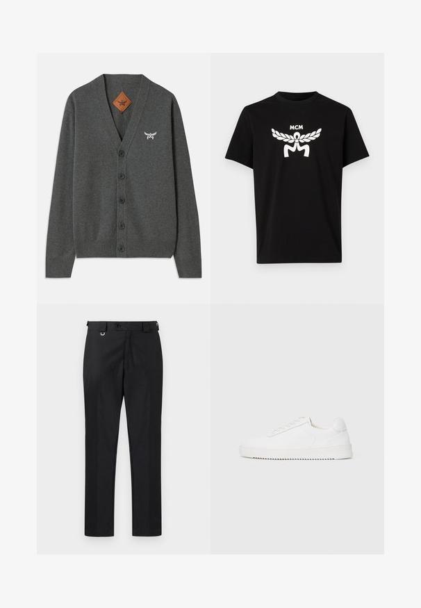 Gray cardigan made of soft fabric, featuring a V-neck, five front buttons, ribbed cuffs and hem, and an embroidered logo on the chest.; Black cotton t-shirt with short sleeves, featuring a large white MCM logo and laurel design on the front. Classic crew neck.; Black tailored trousers with a straight-fit cut, featuring a button closure and belt loops. Smooth texture with minimal detailing.; White sneaker with a smooth leather upper, rounded toe, laces, textured side accents, and a thick rubber sole. Minimalist design.