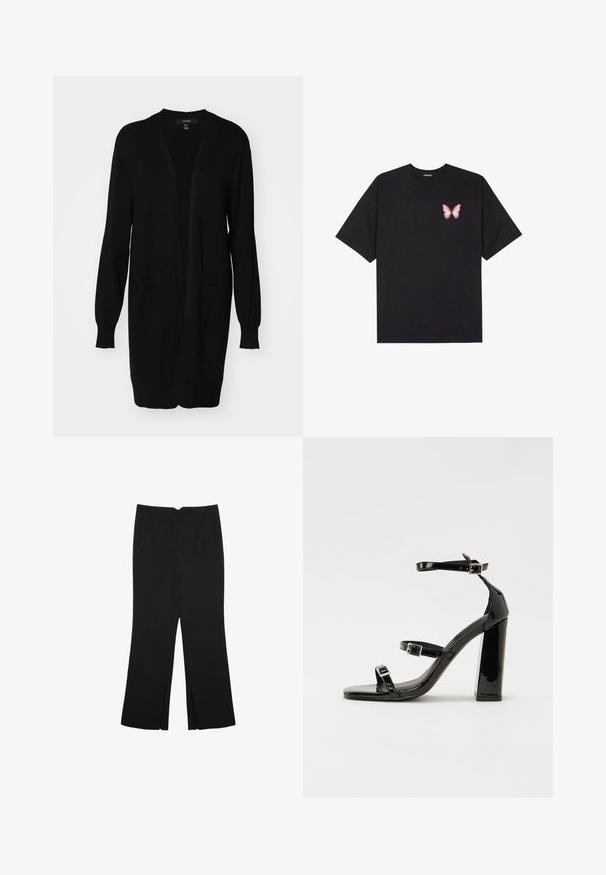 Čierny dlhý kardigán s voľným strihom, rebrovanými manžetami, dvoma prednými vreckami a okrúhlym výstrihom. Vyrobený z mäkkej, textúrované látky.; Čierne bavlnené tričko s krátkymi rukávmi, s malým ružovým motýlikom na ľavej hrudi. Design s okrúhlym výstrihom a uvoľneným strihom.; Čierne nohavice so strihom rovného strihu, s prednými vreckami a bočnými rozparkami na leme. Vyrobené z mäkkej, hladkej tkaniny. Vhodné na rôzne príležitosti.; Čierne lakované sandále na podpätku so štvorcovou špičkou, navlečenými remienkami okolo členku a striebornými prackami. Disponujú masívnym blokovým podpätkom pre stabilitu.