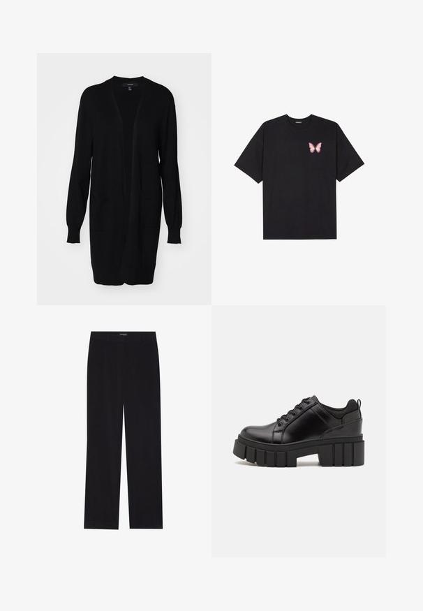 Crni dugi kardigan s labavim krojem, rebrastim manžetama, dva prednja džepa i okruglim izrezom. Izrađen od mekanog, teksturiranog materijala.; Crna pamučna majica s kratkim rukavima, s malim grafičkim prikazom ružičaste vjetricaste s desne strane na prsima. Dizajn s okruglim izrezom i opuštenim krojem.; Crne korduroy hlače ravnog kroja, s ravnim pojasom i bez vidljivih džepova, glatke teksture i detaljima vertikalnih rebrastih uzoraka.; Crne kožne platforme s debelim blok-peta, okruglim prstima i klasičnim dizajnom vezanja. Imaju gladak tekstur i minimalne detalje.