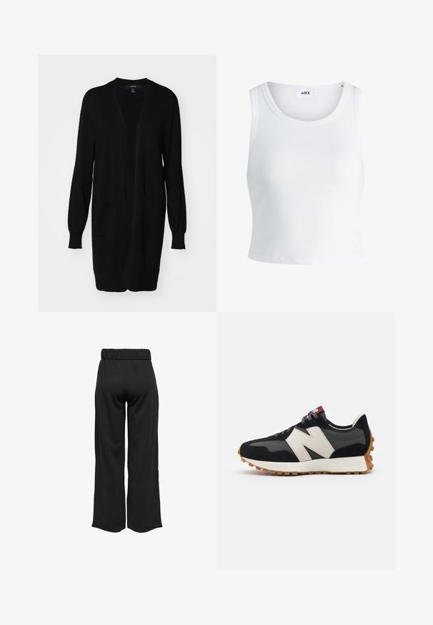 Cárdigan largo negro con un diseño holgado, puños de canalé, dos bolsillos frontales y un escote redondo. Confeccionado con una tela suave y texturizada.; Top de tirantes blanco con canalé, con un cuello redondo, diseño sin mangas y largo corto. La etiqueta dice "JJXX". Textura de tela suave.; Pantalones negros de pierna ancha con cintura elástica, fabricados en un tejido suave. Presentan un diseño limpio sin bolsillos ni detalles de costura visibles.; Zapatillas de ante negras y grises con un gran logo "N" en color crema, cordones morados y una suela de goma texturizada en color marrón.