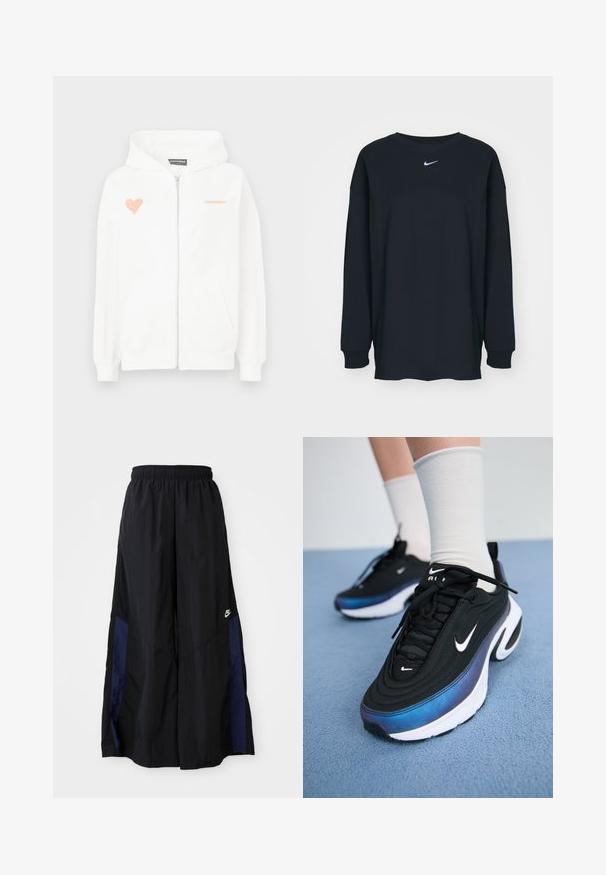 Biely zip-up mikina vyrobená z mäkkej tkaniny, s ružovým srdcovým grafickým motívom na ľavej hrudi a názvom značky "PEGADOR" v ružovej farbe na pravej strane.; Čierne tričko s dlhým rukávom z bavlny, s okrúhlym výstrihom. Na hrudi sa nachádza biele logo Nike. Jemná textúra, jednoduchý dizajn.; Čierne voľné nohavice vyrobené z ľahkého materiálu, s námorníckym modrým postranným panelom a elastickým pásom. Malé biele logo na spodnej časti.; Čierne tenisky Nike s hladkým textilným vrchom, ktoré majú gradientný dizajn prechádzajúci z modrej do čiernej, bielu podrážku a výrazné logo.