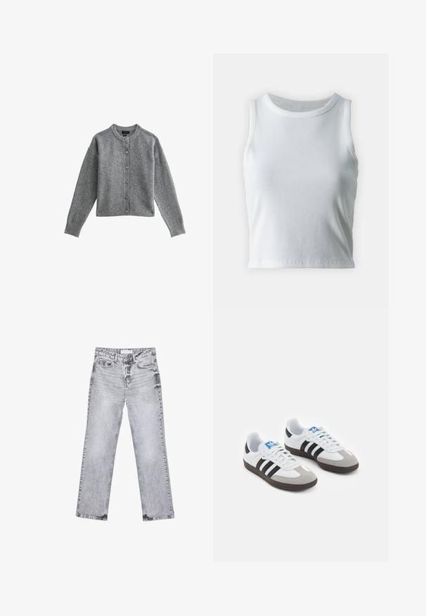 Cardigan grigio a maglia con scollatura rotonda, maniche lunghe e chiusura frontale con bottoni. Presenta polsini e orlo a coste, realizzato in materiale morbido.; Top a canotta bianco a coste con scollatura rotonda e senza maniche, caratterizzato da un orlo dritto e una texture liscia e elastica.; Jeans in denim grigio con taglio dritto, dettagli sfilacciati, cinque tasche e rivetti in rame. La cintura presenta un'etichetta con il logo.; Scarpe sportive con tomaia in pelle bianca, punta in suede grigia e tre strisce nere. Presentano un logo blu sulla linguetta e una suola in gomma testurizzata.